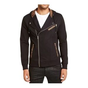 INC Men’s Black Biker Jacket Leopard Trim Pockets Hooded L Zip Front Y2K Revival